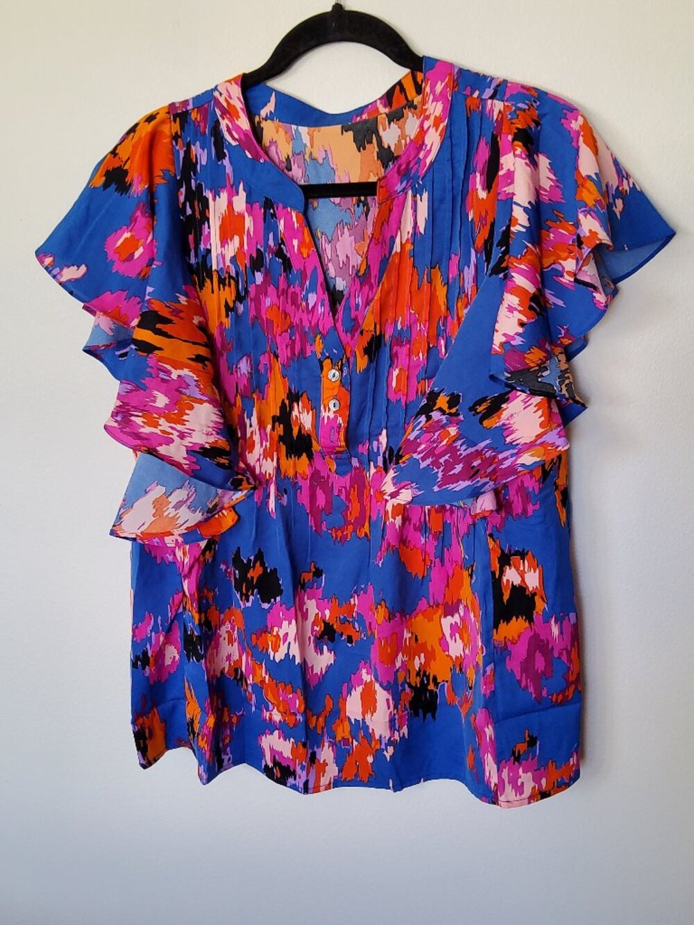 Blue abstract Floral design ruffle sleeve blouse size S
